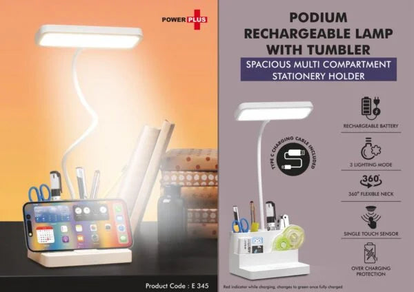 E345 – Podium: Rechargeable Lamp with Tumbler | Spacious multi compartment stationery holder