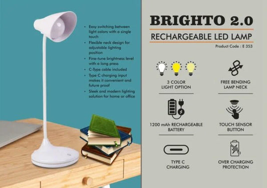 E353 – Brighto 2.0 : Rechargeable LED lamp | 3 Color light with Brightness adjustment | Type C Charging