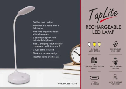 E354 – TapLite : Rechargeable LED lamp | 3 Color light with Brightness adjustment | Type C Charging