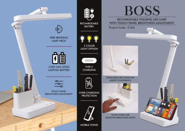 E355 – Boss : Rechargeable Folding LED lamp with Touch panel Brightness adjustment | Detachable pen stand | Mobile Stand | 3 Color light option