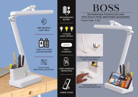 E355 – Boss : Rechargeable Folding LED lamp with Touch panel Brightness adjustment | Detachable pen stand | Mobile Stand | 3 Color light option