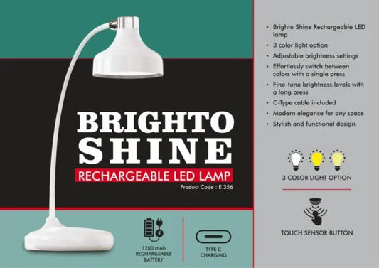 E356 – Brighto Shine : Rechargeable LED lamp | 3 Color light with Brightness adjustment | Type C Charging