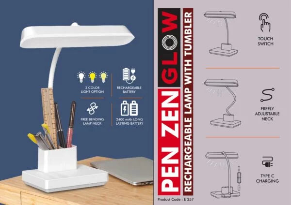 E357 – PenZen Glow: Rechargeable lamp with tumbler | 3 color light with Brightness adjustment | Double battery for twice as long working time | Side light adds to appearance
