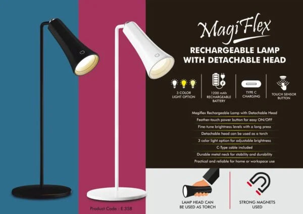 E358 – MagiFlex: Rechargeable Lamp with Detachable Head | 3 color light | Detachable head to use as torch | Durable metal neck