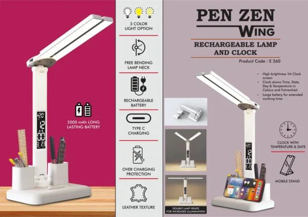 E360 – PenZen Wing: Rechargeable lamp with Dual tumbler | Clock with Temperature & Date | Double Lamp Heads | Phone stand function | 2000 mAh battery for long working time