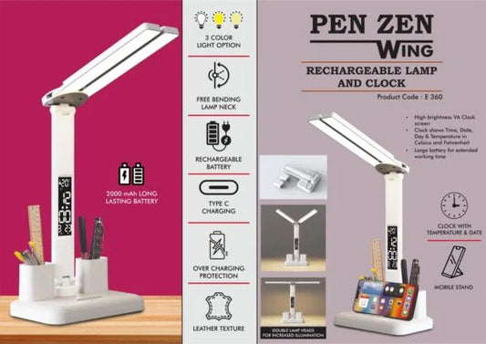 E360 – PenZen Wing: Rechargeable lamp with Dual tumbler | Clock with Temperature & Date | Double Lamp Heads | Phone stand function | 2000 mAh battery for long working time