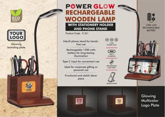 E361 – PowerGlow Wooden 3 step Dimmer Lamp With Glowing Multicolor Logo plate & Phone stand | Rechargeable 1200 mAh battery | Type C input | Branding MOQ 200 pc