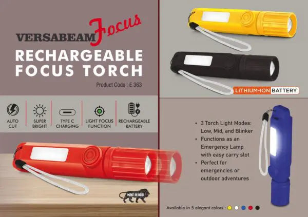 E363 – VersaBeam Focus: Rechargeable Focus Torch with 2 Light modes, Blinker and Emergency Lamp | Type C Charging | With Carabiner