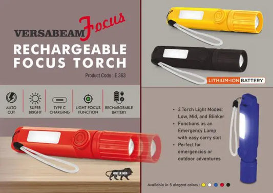 E363 – VersaBeam Focus: Rechargeable Focus Torch with 2 Light modes, Blinker and Emergency Lamp | Type C Charging | With Carabiner