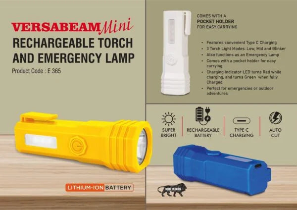 E365 – VersaBeam Mini: Rechargeable Torch with 2 Light modes, Blinker and Emergency Lamp | Type C Charging | With Pocket Clip