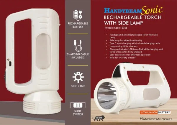 E366 – HandyBeam Sonic: Rechargeable Torch with Side Lamp | Charging Cable included