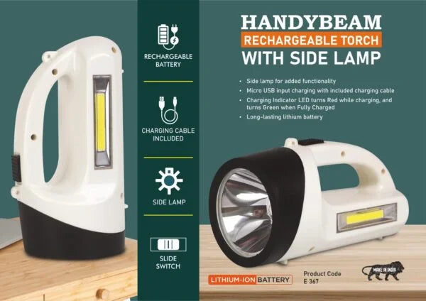 E367 – HandyBeam: Rechargeable Torch with Side Lamp | Charging Cable included