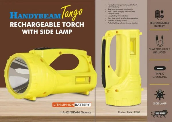 E368 – HandyBeam Tango: Rechargeable Torch with Side Lamp | Charging Cable included