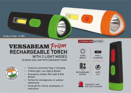 E383 – VersaBeam Prism: Rechargeable Torch with 2 light modes, Blinker and Lamp with Emergency mode | Type C Charging