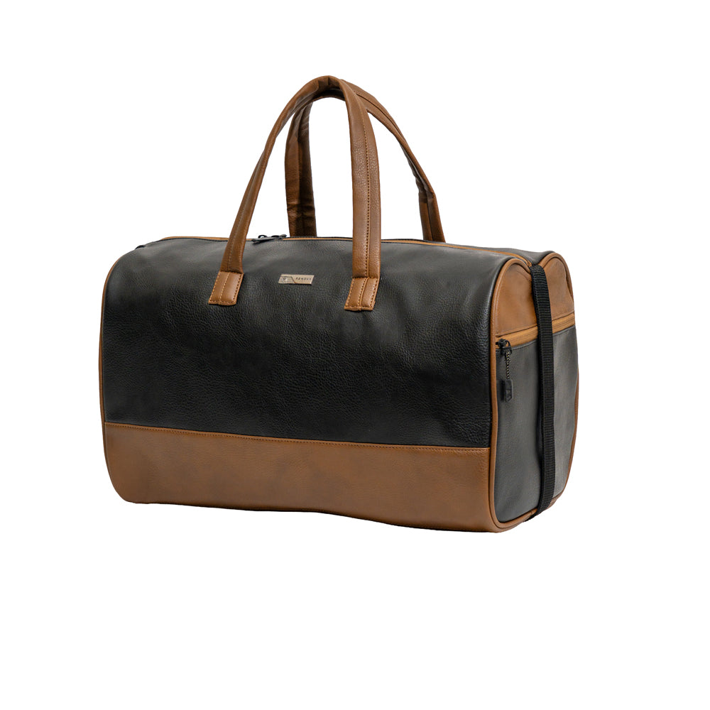 RENOVA Black & Tan Brown Dual-Tone Faux Leather Travel Duffle Bag