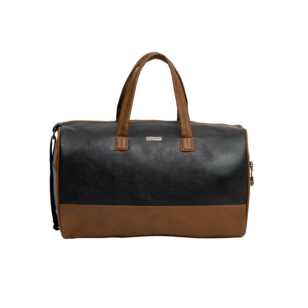 RENOVA Black & Tan Brown Dual-Tone Faux Leather Travel Duffle Bag
