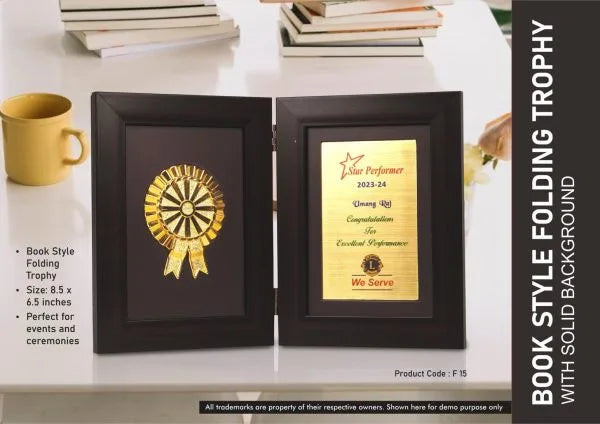 F15 – Book Style Folding Trophy with Award Motif | 8.5 x 6.5″ | Solid Background