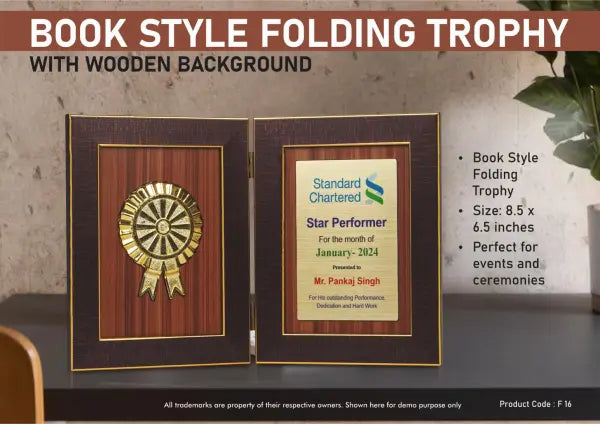 F16 – Book Style Folding Trophy with Award Motif | 8.5 x 6.5″ | Wooden Background