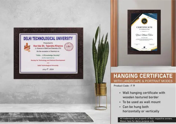 F19 – Hanging Certificate with Landscape & Portrait Modes | A4 size insert
