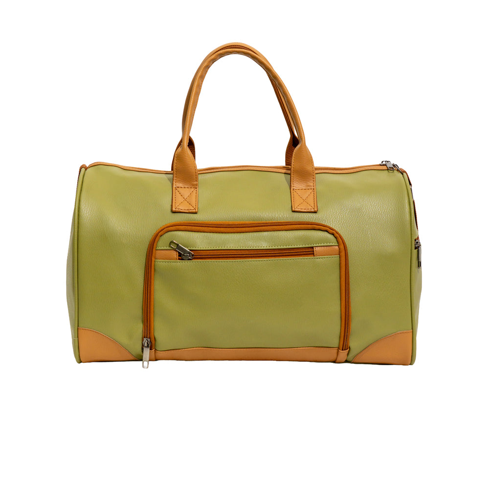 Olive Green & Tan Faux Leather Travel Duffle Bag with U-Zip Pocket (Model: R412)