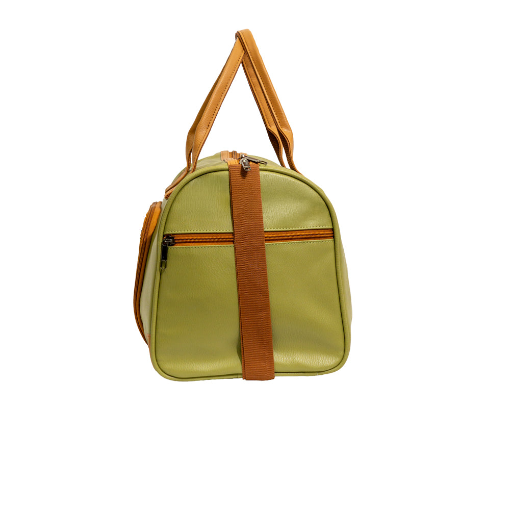 Olive Green & Tan Faux Leather Travel Duffle Bag with U-Zip Pocket (Model: R412)