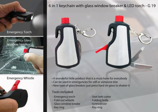 G19 – 6 in 1 keychain with glass window breaker & LED torch