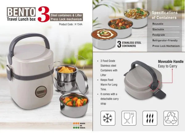 H154a – Bento Travel Lunch box with 3 Steel containers & Lifter | Press Lock mechanism