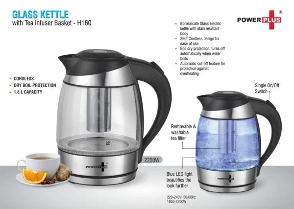 H160 – Glass Kettle With Tea Infuser Basket & LED Illumination
