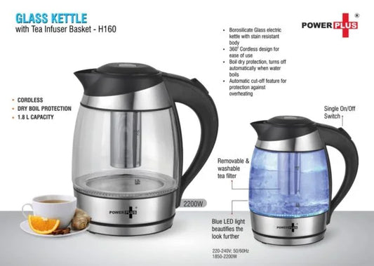 H160 – Glass Kettle With Tea Infuser Basket & LED Illumination