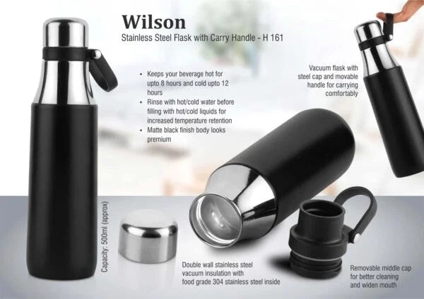 H161 – Wilson: Stainless steel flask with carry handle (500 ml approx)