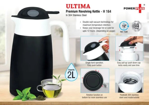 H164 – Ultima: Premium revolving flask in stainless steel (2L approx) | 304 Steel Inside & Outside