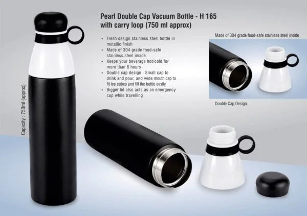 H165 – Pearl Double cap Vacuum bottle in metallic finish with carry loop (750 ml approx)