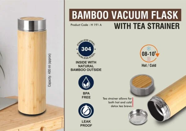 H191a – Stainless steel Bamboo Vacuum flask with Tea Strainer | Capacity 400 ml approx