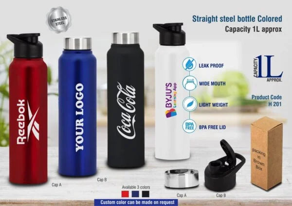 H201 – Straight steel single wall bottle Colored | Capacity 1L approx