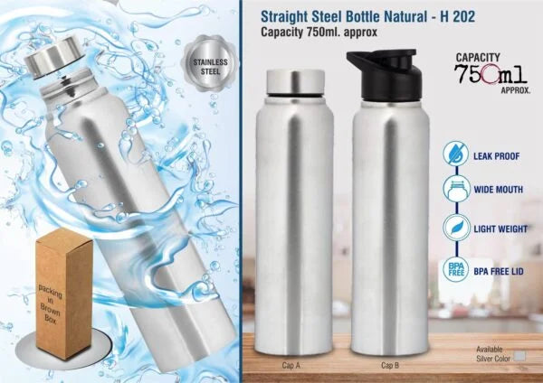 H202 – Straight steel single wall bottle Natural | Capacity 750ml approx