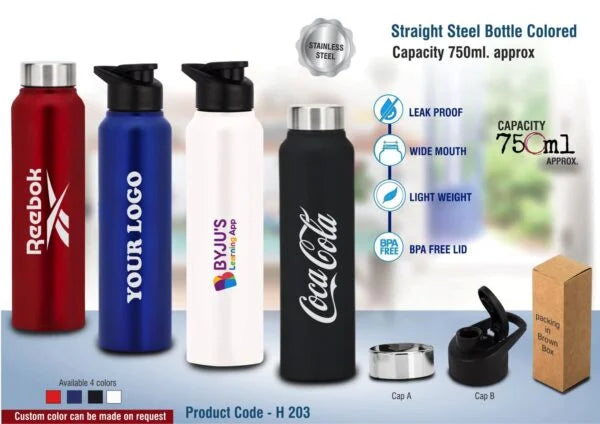 H203 – Straight steel single wall bottle Colored | Capacity 750ml approx