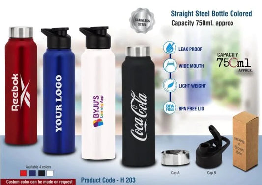 H203 – Straight steel single wall bottle Colored | Capacity 750ml approx