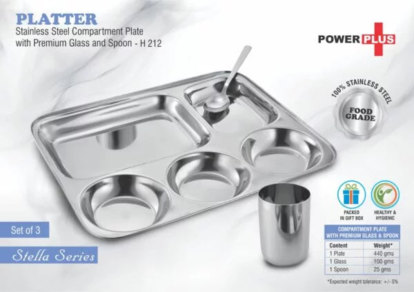 H212 – Platter: Stainless Steel Compartment plate with Premium glass and spoon | Set of 3