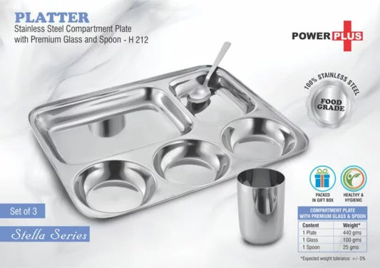 H212 – Platter: Stainless Steel Compartment plate with Premium glass and spoon | Set of 3