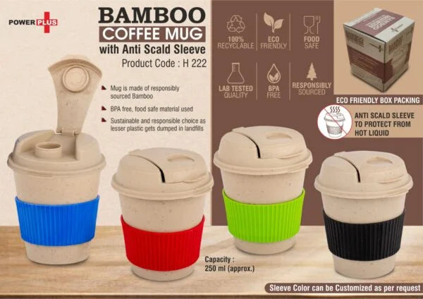 H222 – Bamboo Coffee mug: Eco friendly mug with flip top Lid and Anti-Scald sleeve | Capacity 250 ml