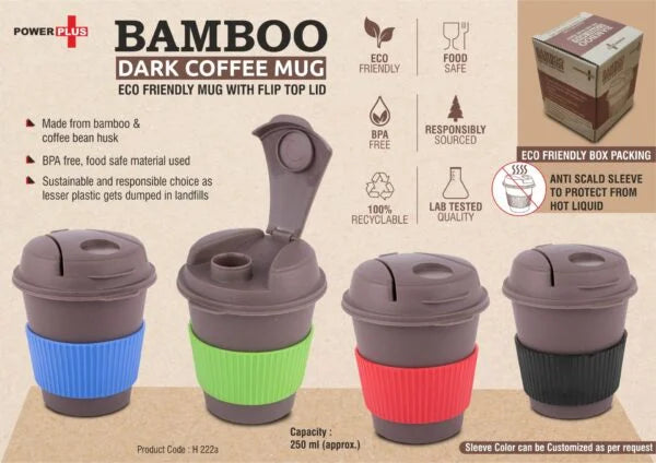 H222a – Bamboo Dark Coffee mug: Eco friendly mug with flip top Lid and Anti-Scald sleeve | Capacity 250 ml