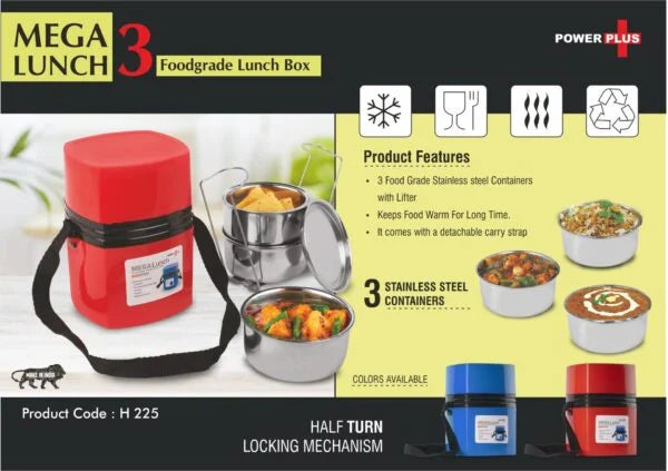 H225 – Power Plus Mega Steel Lunch Box- 3 Stainless steel containers with lifter