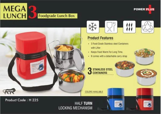 H225 – Power Plus Mega Steel Lunch Box- 3 Stainless steel containers with lifter