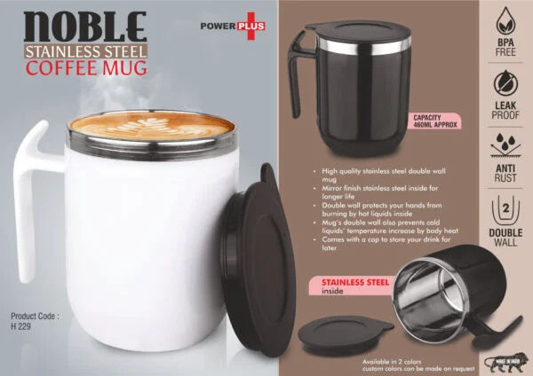 H229 – Noble: Stainless Steel Double wall Coffee mug with Pointy handle | Leakproof | Capacity 460ml approx