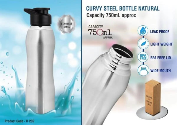 H232 – Curvy steel bottle Natural | Capacity 750ml approx