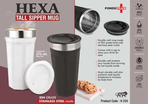 H234 – Hexa : Tall sipper mug | 304 grade Stainless steel inside | Capacity 375ml approx
