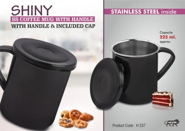 H237 – Shiny Steel Coffee mug with handle | Cap included | Capacity 225ml approx