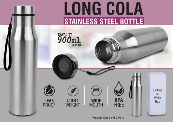 H240a – Long cola stainless steel single wall bottle with carry strap | Capacity 900ml approx