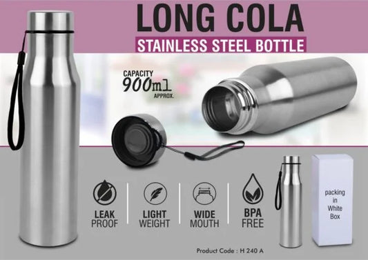 H240a – Long cola stainless steel single wall bottle with carry strap | Capacity 900ml approx