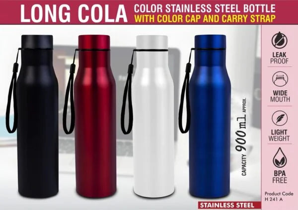 H241a – Long Cola Colored Stainless steel single wall bottle | With Colored Cap and Carry strap | Capacity 900ml approx